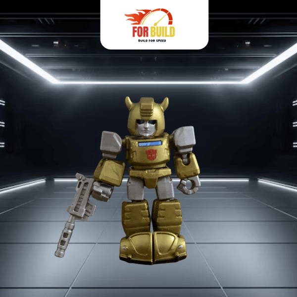 Mô hình robot vàng ánh kim cầm súng For Build, thiết kế nổi bật, màu sắc sang trọng, thích hợp để sưu tầm, trưng bày và làm quà tặng.