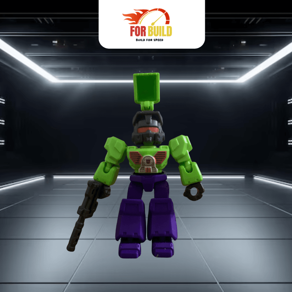 Mô hình robot xanh lá tím cầm súng For Build, màu sắc nổi bật, thiết kế độc đáo, phù hợp cho người thích mô hình robot và đồ chơi sưu tầm.