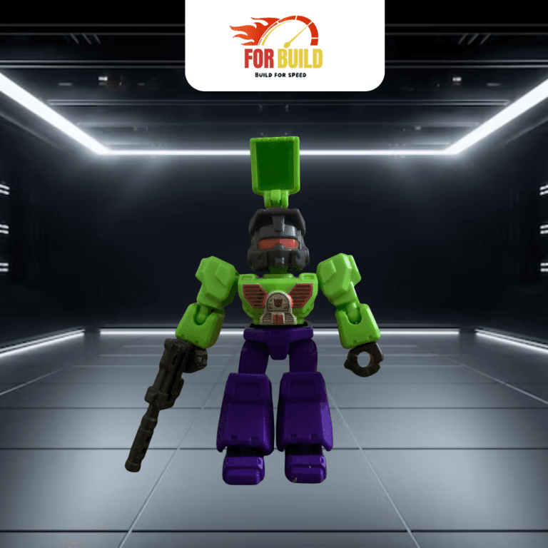 Mô hình robot xanh lá tím cầm súng For Build, màu sắc nổi bật, thiết kế độc đáo, phù hợp cho người thích mô hình robot và đồ chơi sưu tầm.